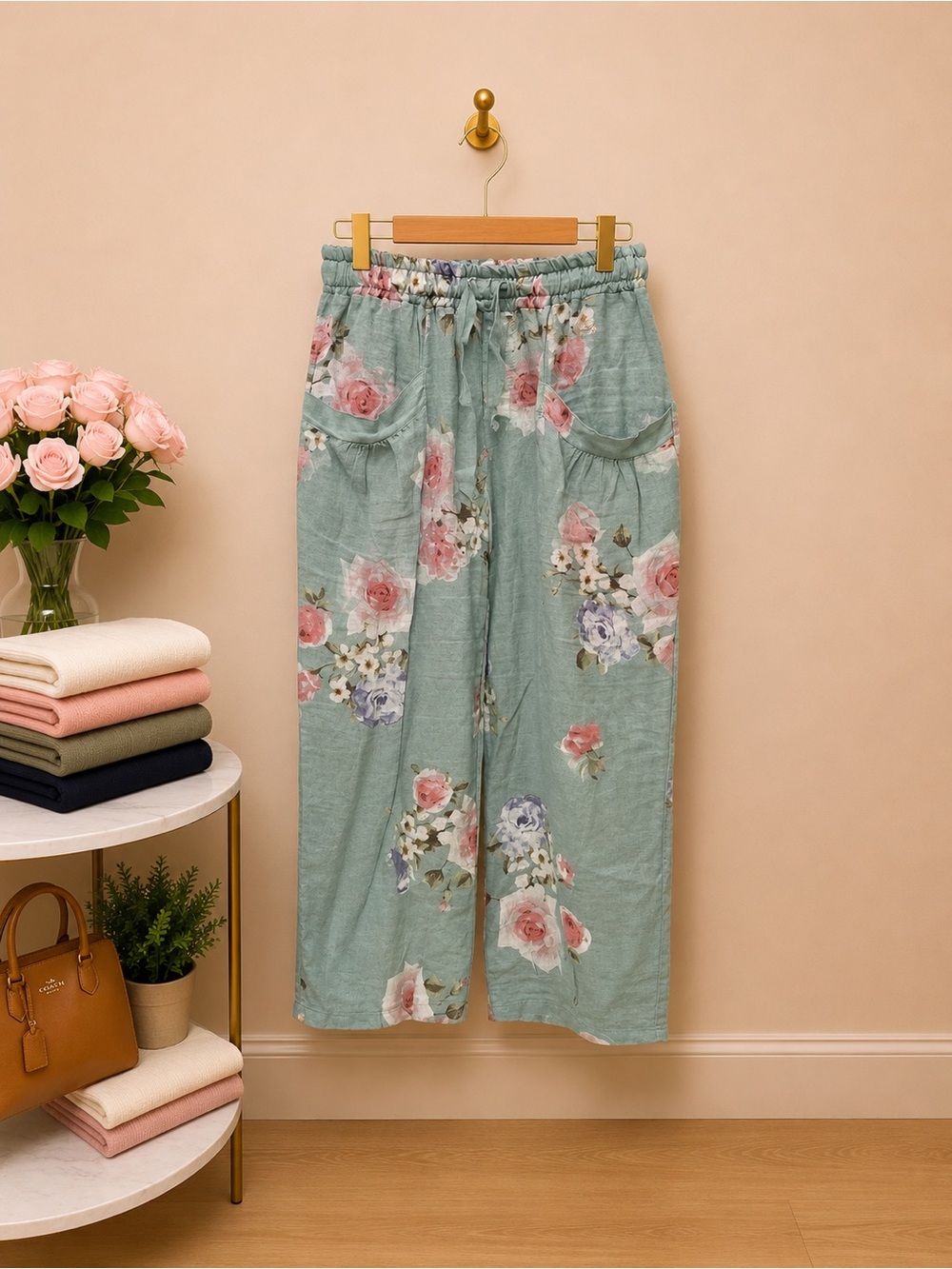 Belle France Italian Linen Blend Floral Barrel Crop Pants Medium Pockets